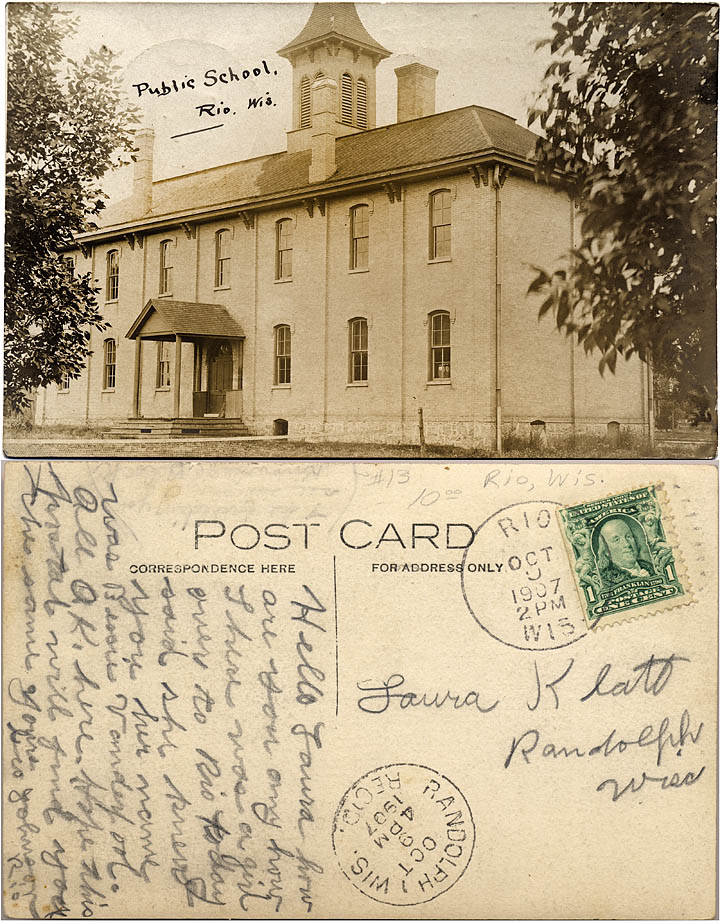 In 1907, George Johnson sends Rio public school post card to freind