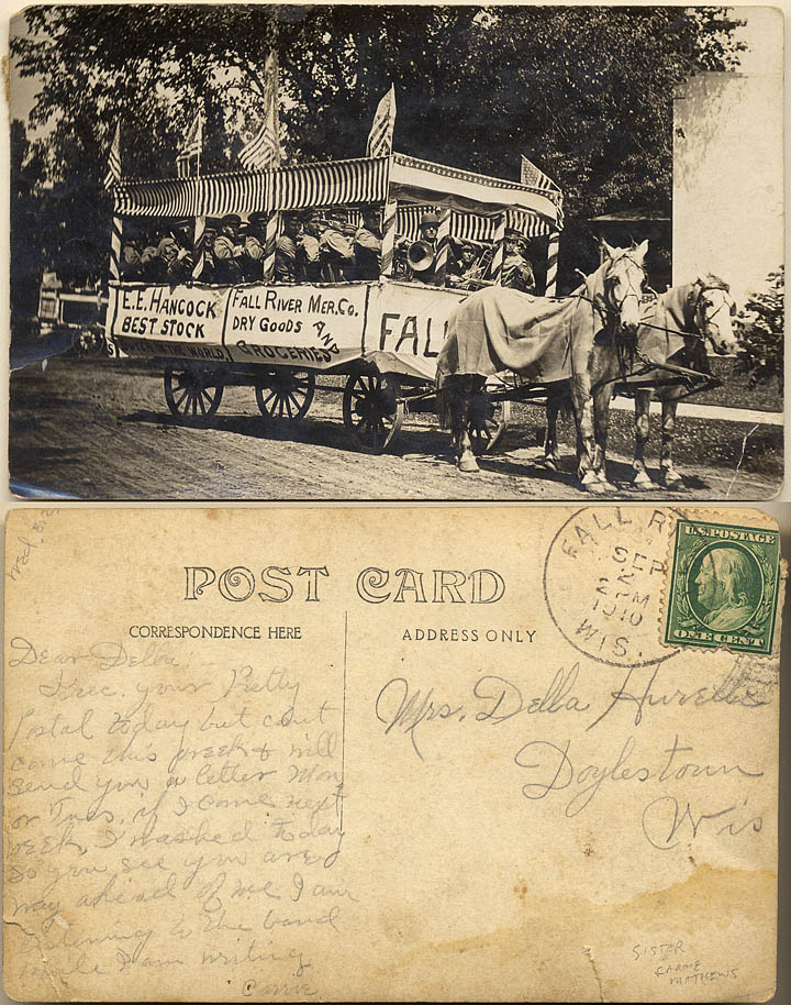1910 Postcard from sisters Carrie Mathews to Della Mathews Hurelle on photo post card