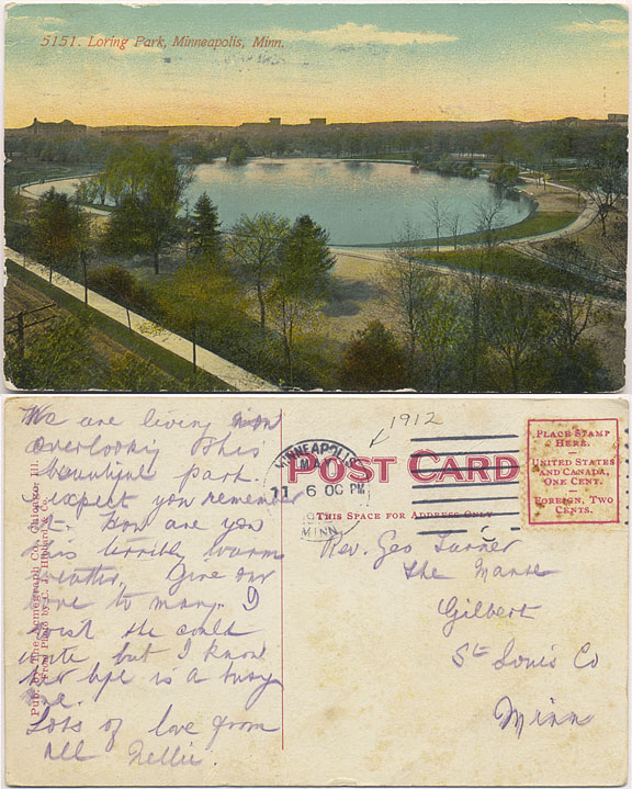 Postcard of Loring Park with lake, Minneapolis, Minnesota