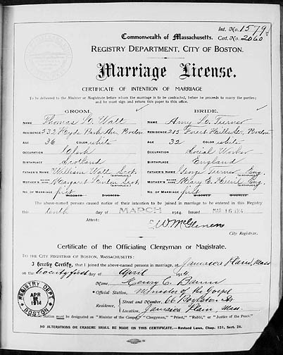 1914 Marriage Tom Watt and Amy Turner