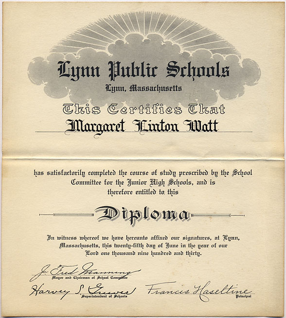 1930 Margaret Watt junior high diploma