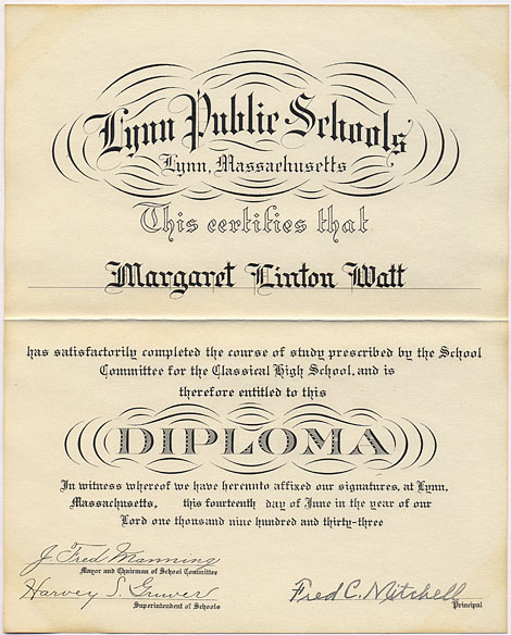 1933 Margaret Watt High School Diploma