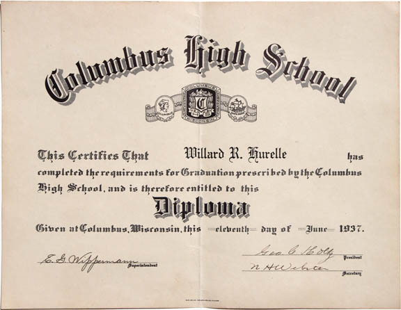 1937 Willard Hurelle - Columbus High Diploma Wisconsin 