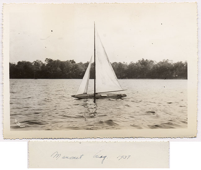 Hand made wooden sailboat floats on Manomet Lake in 1937