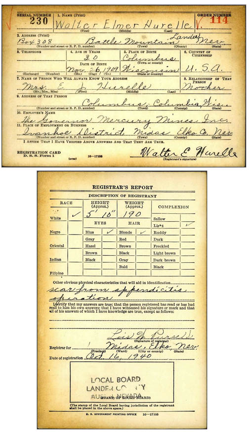 Walter Hurelle's WWII registration card