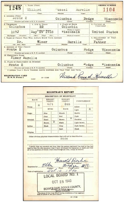 Willard Russel Hurelle WW II Registration