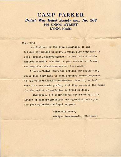 War Relief thank you letter