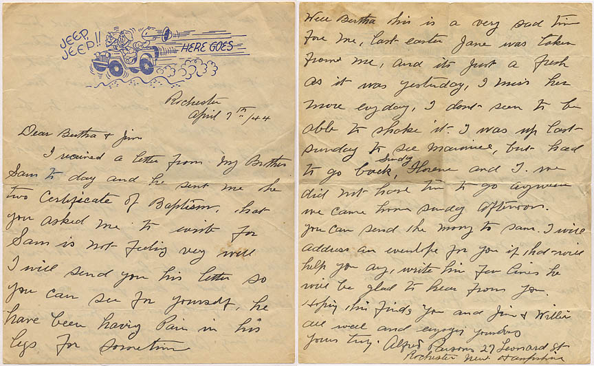 1944 March Letter from Alfred Parsons in New Hampshire