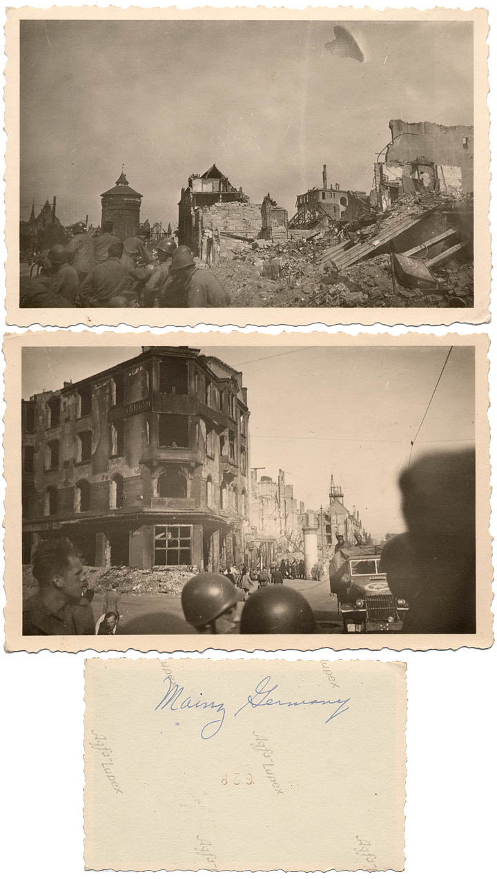 WWII destruction in Mainz Germany with U.S. Army troops