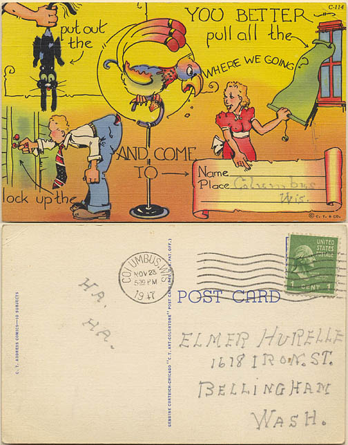 1947 post card from Wilard to Elmer Hurelle