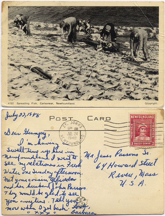 1948 Barbara Parsons Brown writes post card to her grandfather James Parsons Sr.