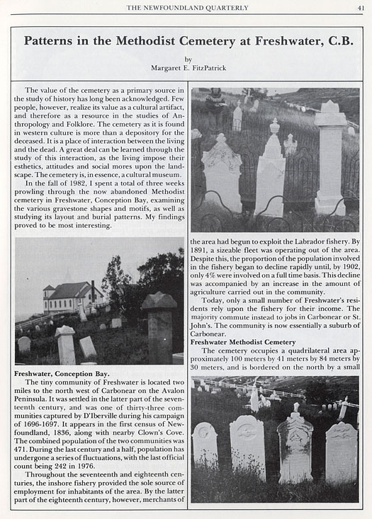MUN article - Freshwater United Church Methodist Cemetery, Newfoundland