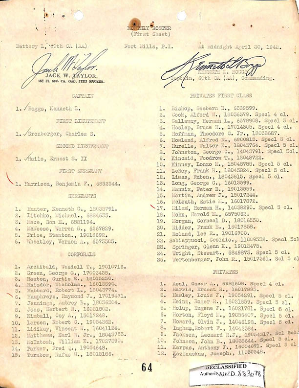 Fort Mills Register of 60th Battery "L" - April 30, 1942
