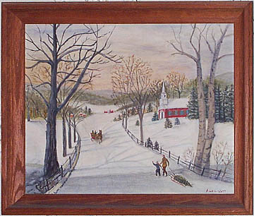 Amy Watt painting of snowy New England Christmas tree scene