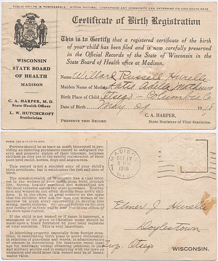 Certificate of birth Willard Hurelle born 1918