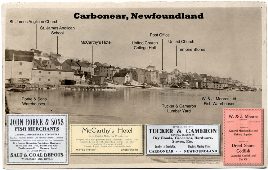 Carbonear, Newfoundland panoramic photo with identified landmarks.