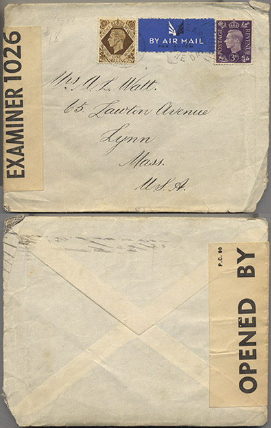 envelope to Amy Watt opened by British Postal Censorship Examiner 1026