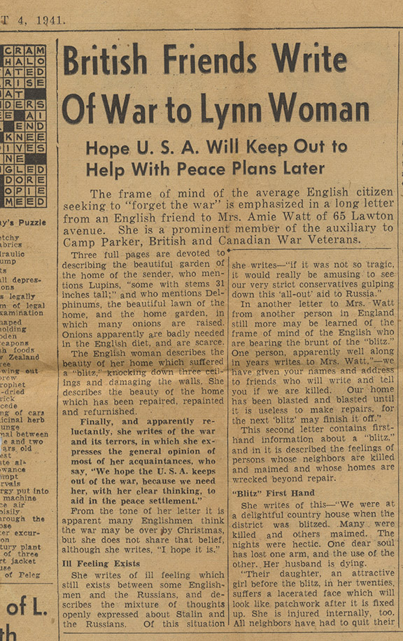 British Friends Write Of War to Lynn Woman - August 4, 1941 Newpaper Article