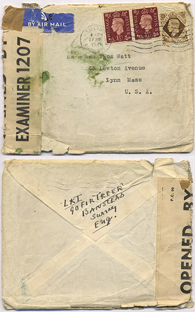 envelope to Amy and Thomas Watt opened by British Postal Censorship Examiner 1027