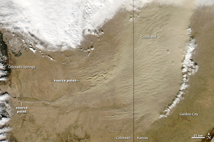  Taken on January 11, 2013, a cold front pushes high winds and a wall of dust from southeast Colorado into Kansas . Photo from NASA