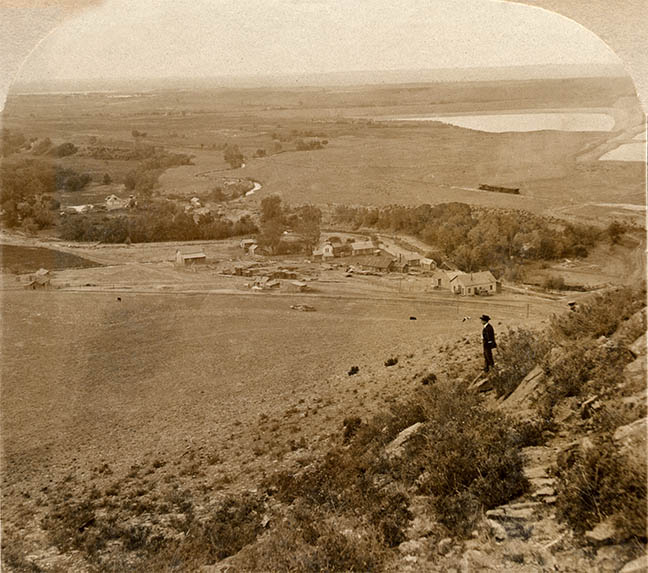 In a 1908 stereoview, photographer Ed Tangen captured the train leaving Morrsion and heading eastwards on the plains past the Soda Lakes. Parsons Collection