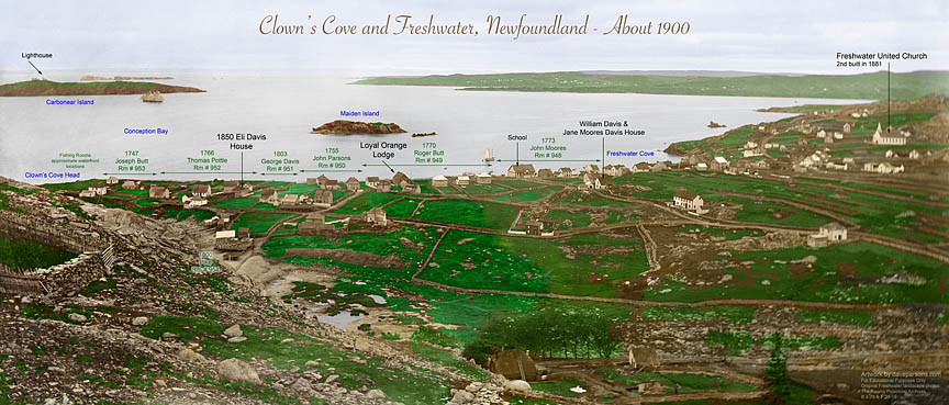 Clown's Cove and Freshwater Carbonear 1900 panorama for educational pruposes only