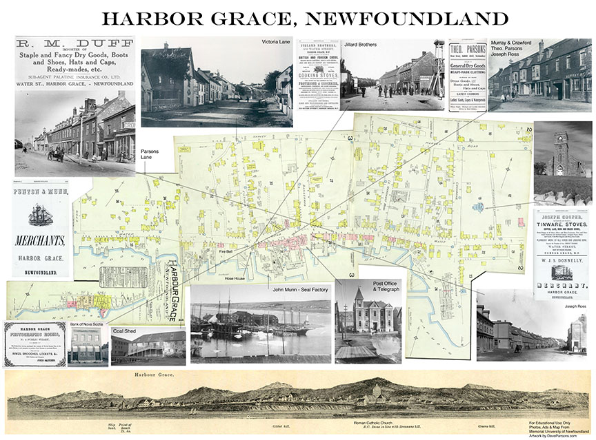 Harbor Grace map, Newfoundland panoramic photo with identified landmarks.