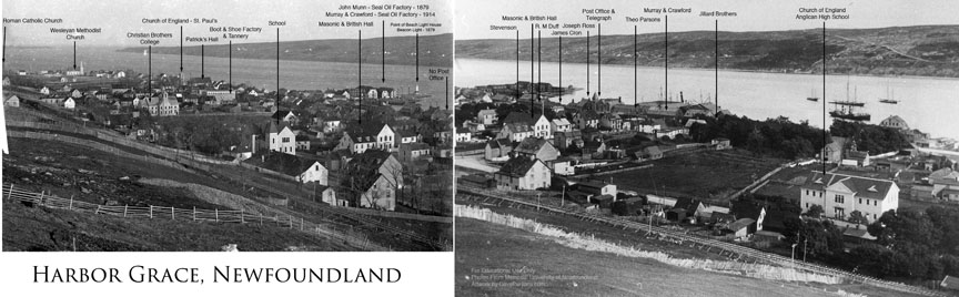Harbor Grace, Newfoundland panoramic photo with identified landmarks.