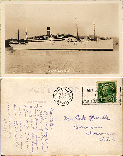 Post card of U. S. A. T. ship military transport at Honolulu Hawaii